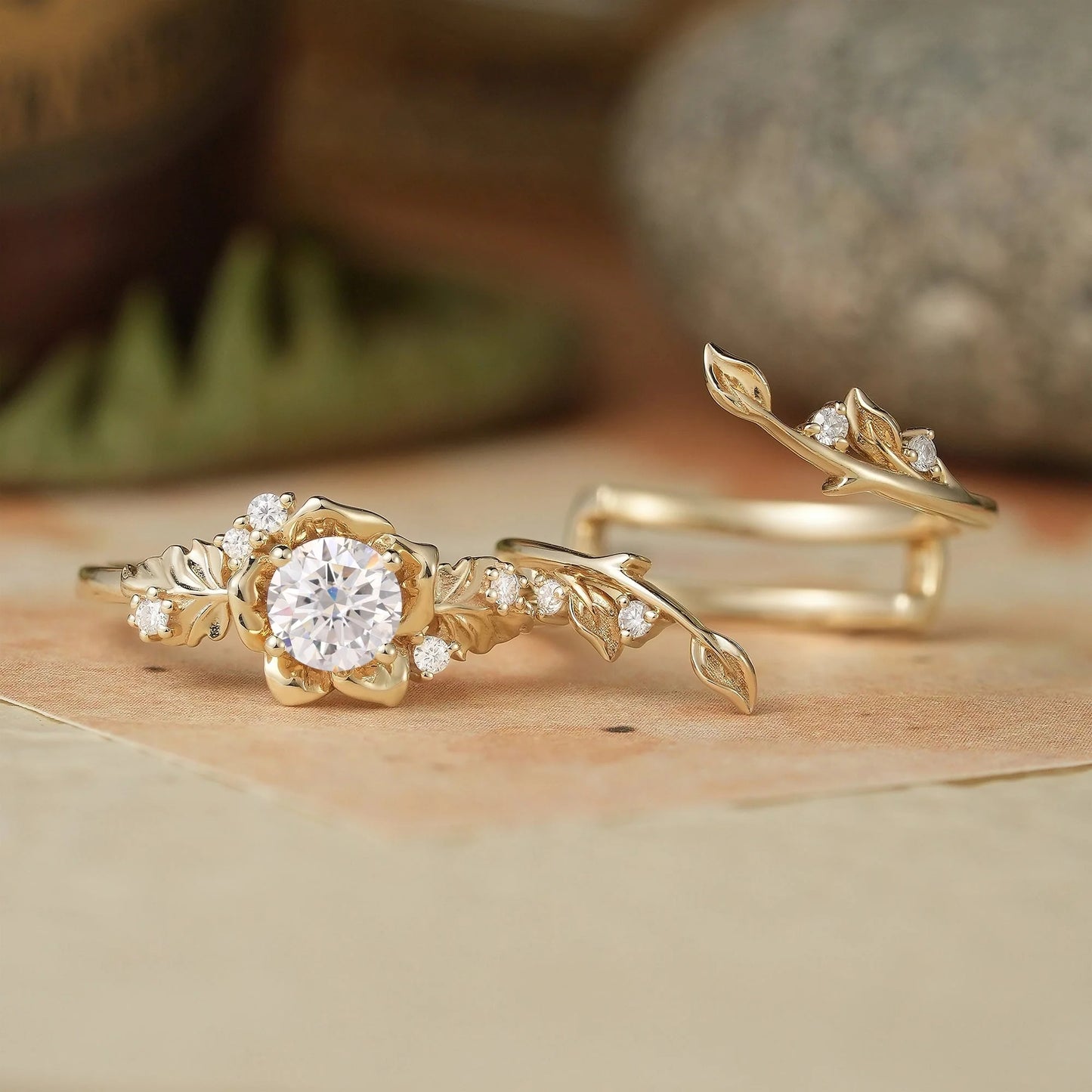 Blooming Rose Moissanite Engagement Ring Set 2pcs-Sylvaine