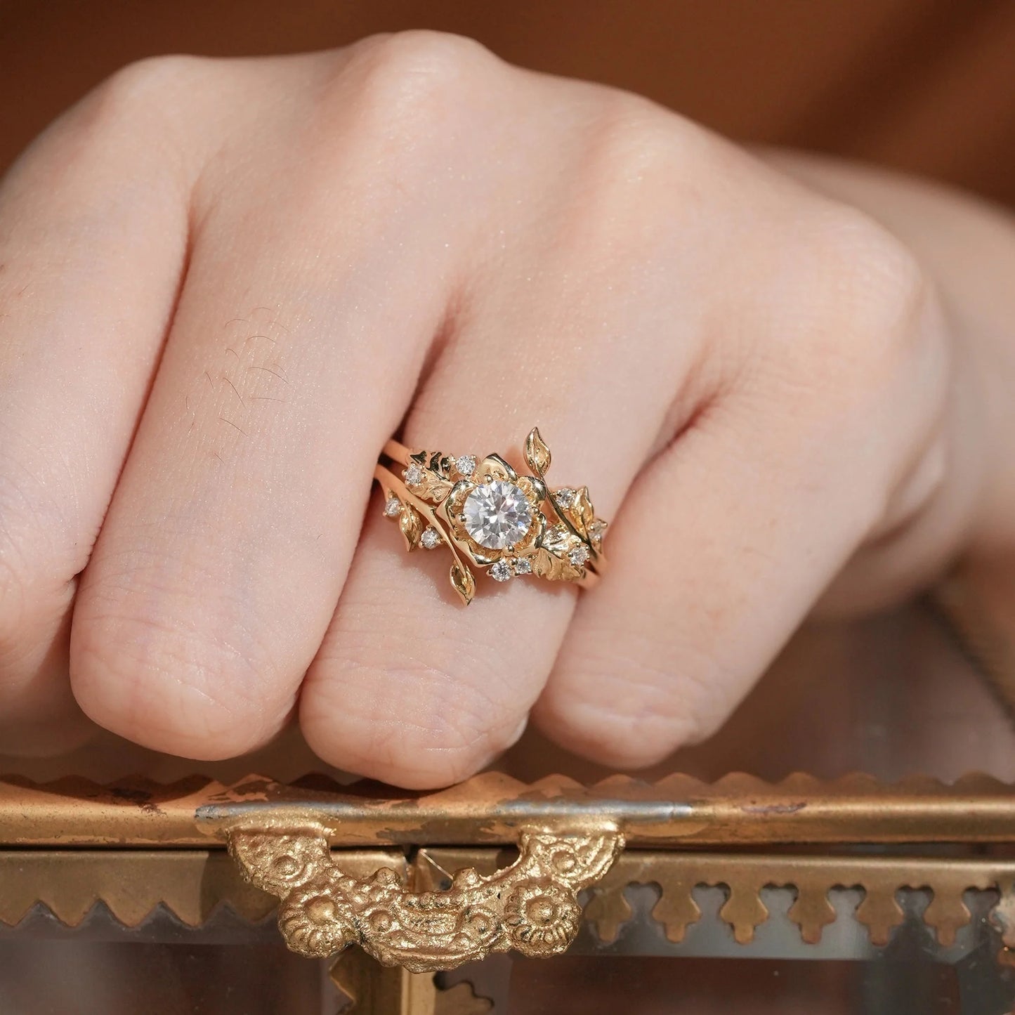 Blooming Rose Moissanite Engagement Ring Set 2pcs-Sylvaine