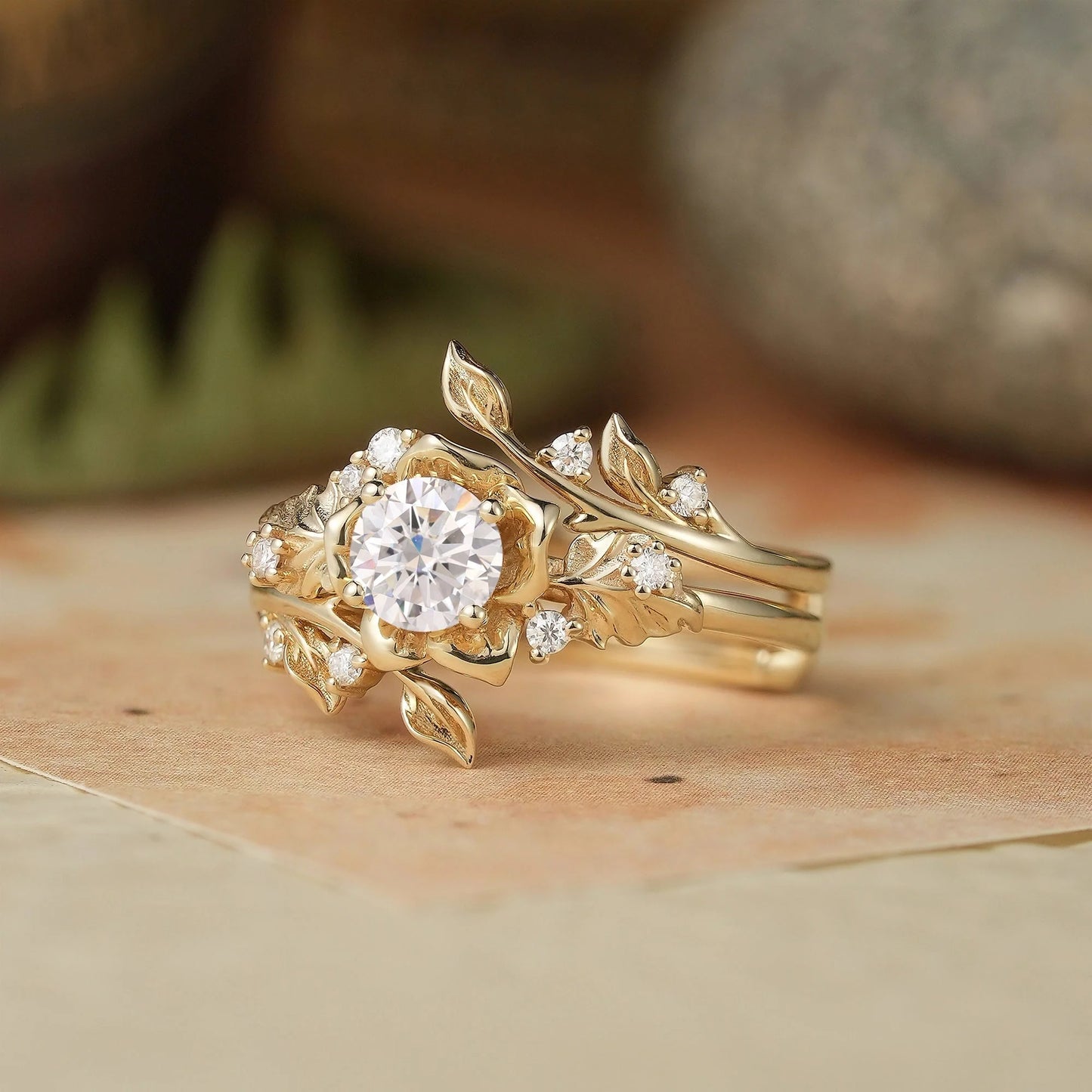 Blooming Rose Moissanite Engagement Ring Set 2pcs-Sylvaine
