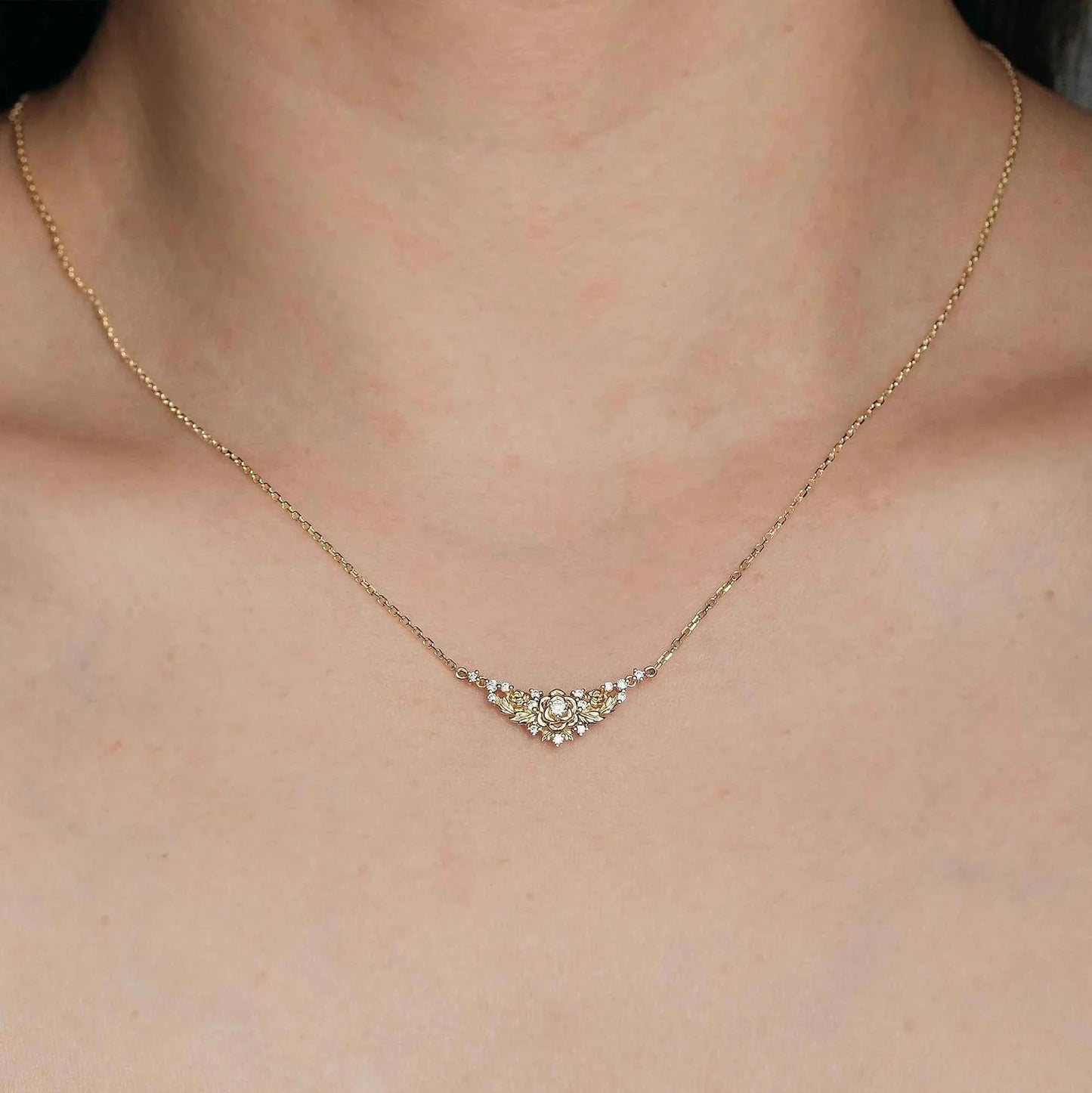 Blooming Rose: Moissanite Floral Leaf Necklace-Calanthe