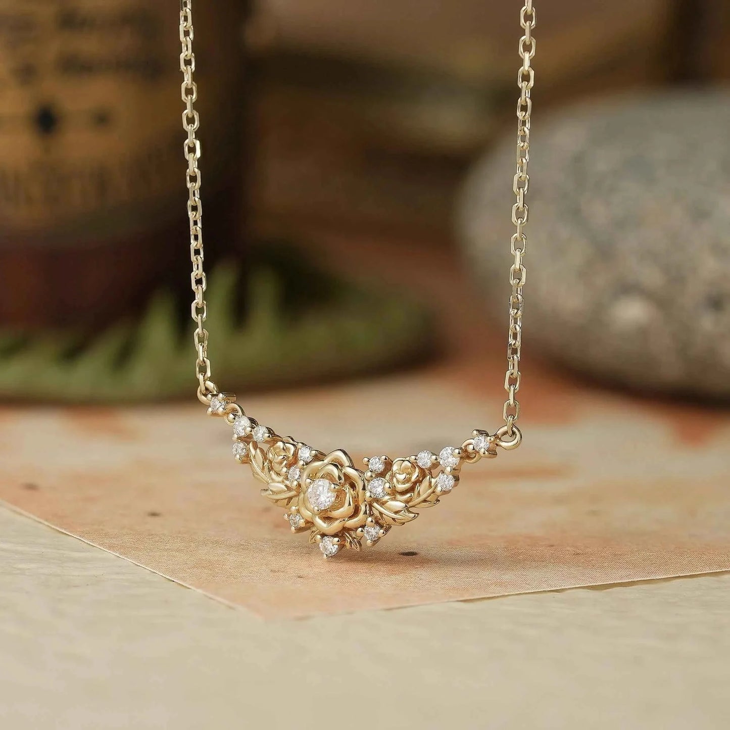Blooming Rose: Moissanite Floral Leaf Necklace-Calanthe