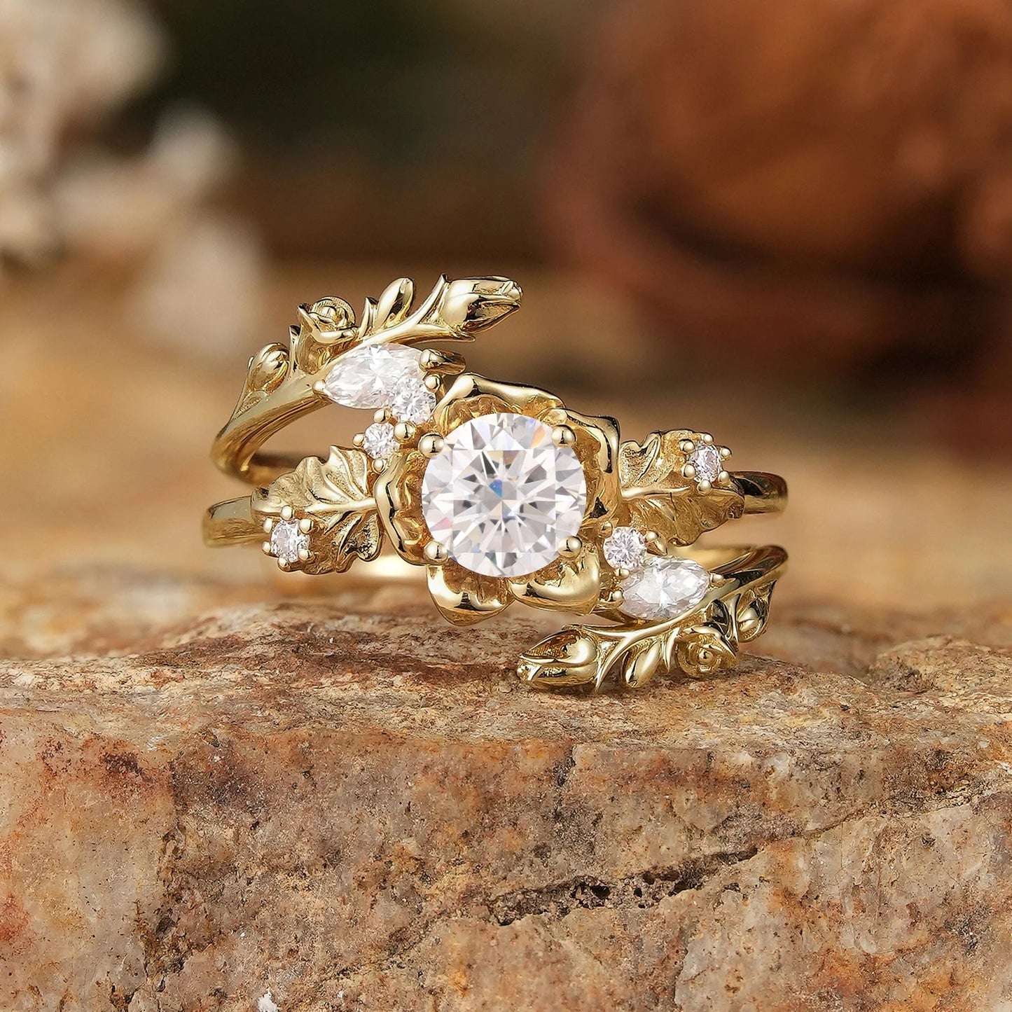 Blooming Rose Moissanite with Rose Buds Ring Set - Yuna
