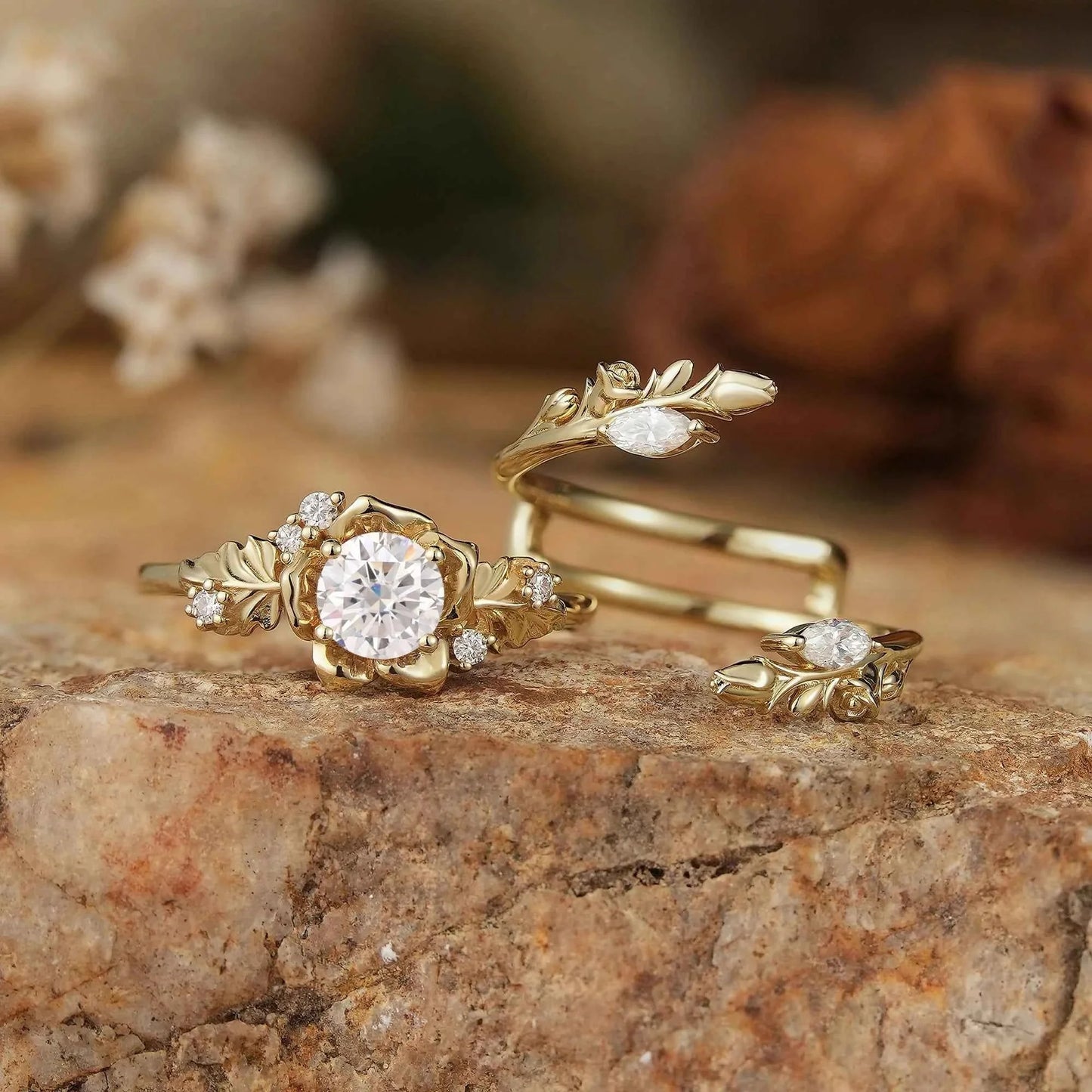 Blooming Rose Moissanite with Rose Buds Ring Set - Yuna