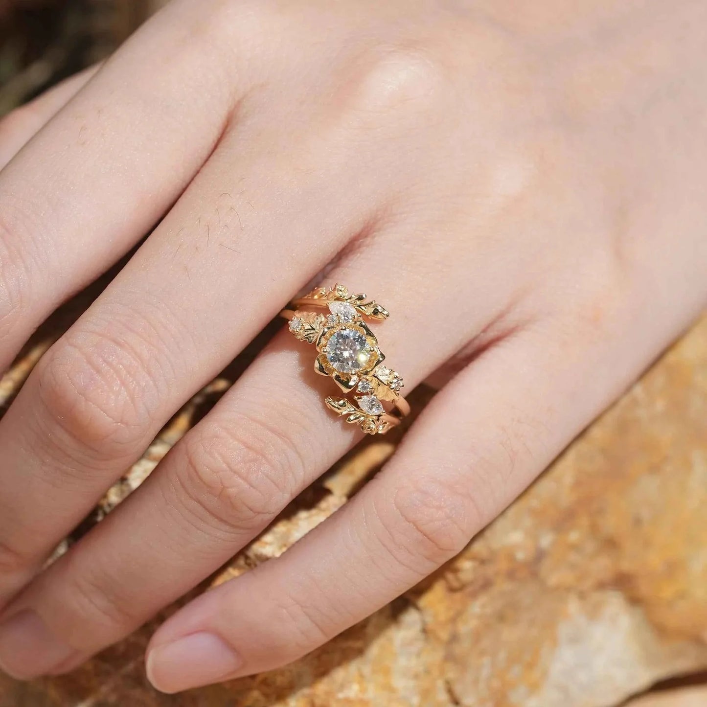 Blooming Rose Moissanite with Rose Buds Ring Set - Yuna