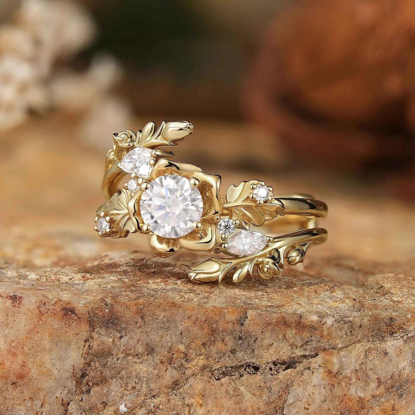 Blooming Rose Moissanite with Rose Buds Ring Set - Yuna