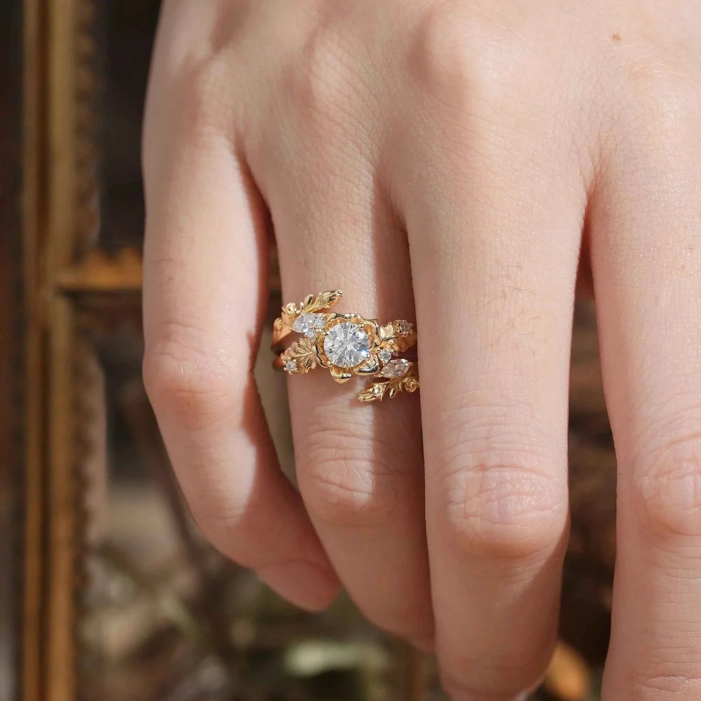 Blooming Rose Moissanite with Rose Buds Ring Set - Yuna
