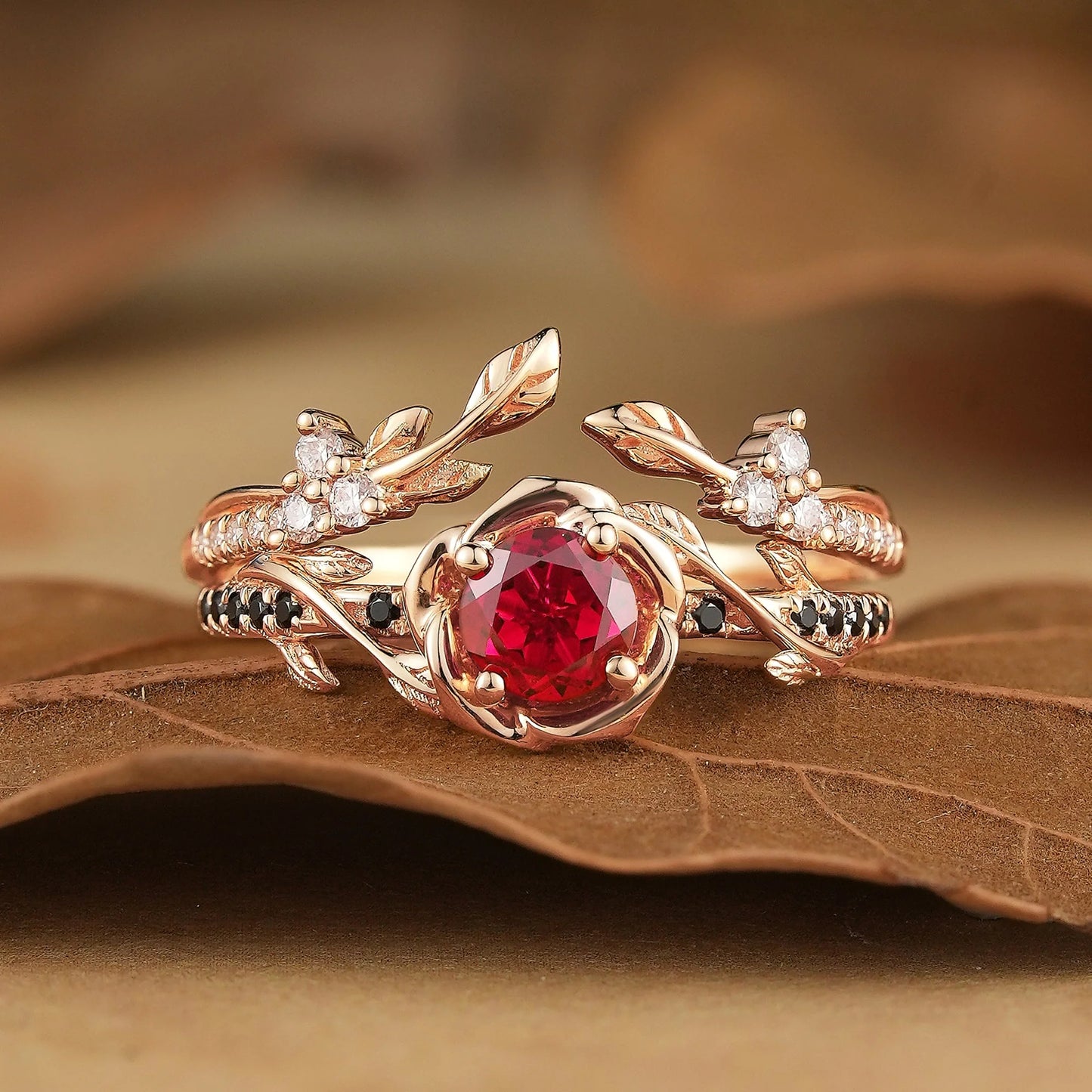 Blooming Rose: Ruby with Black Onyx Ring Set 2pcs- Neriah