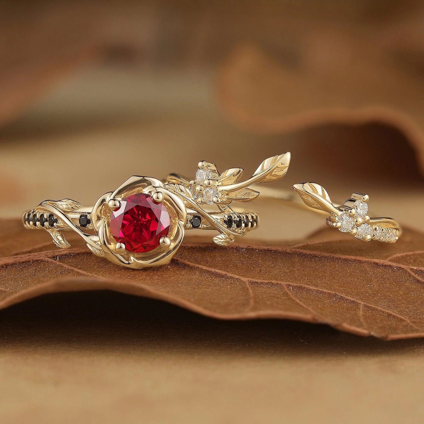Blooming Rose: Ruby with Black Onyx Ring Set 2pcs- Neriah