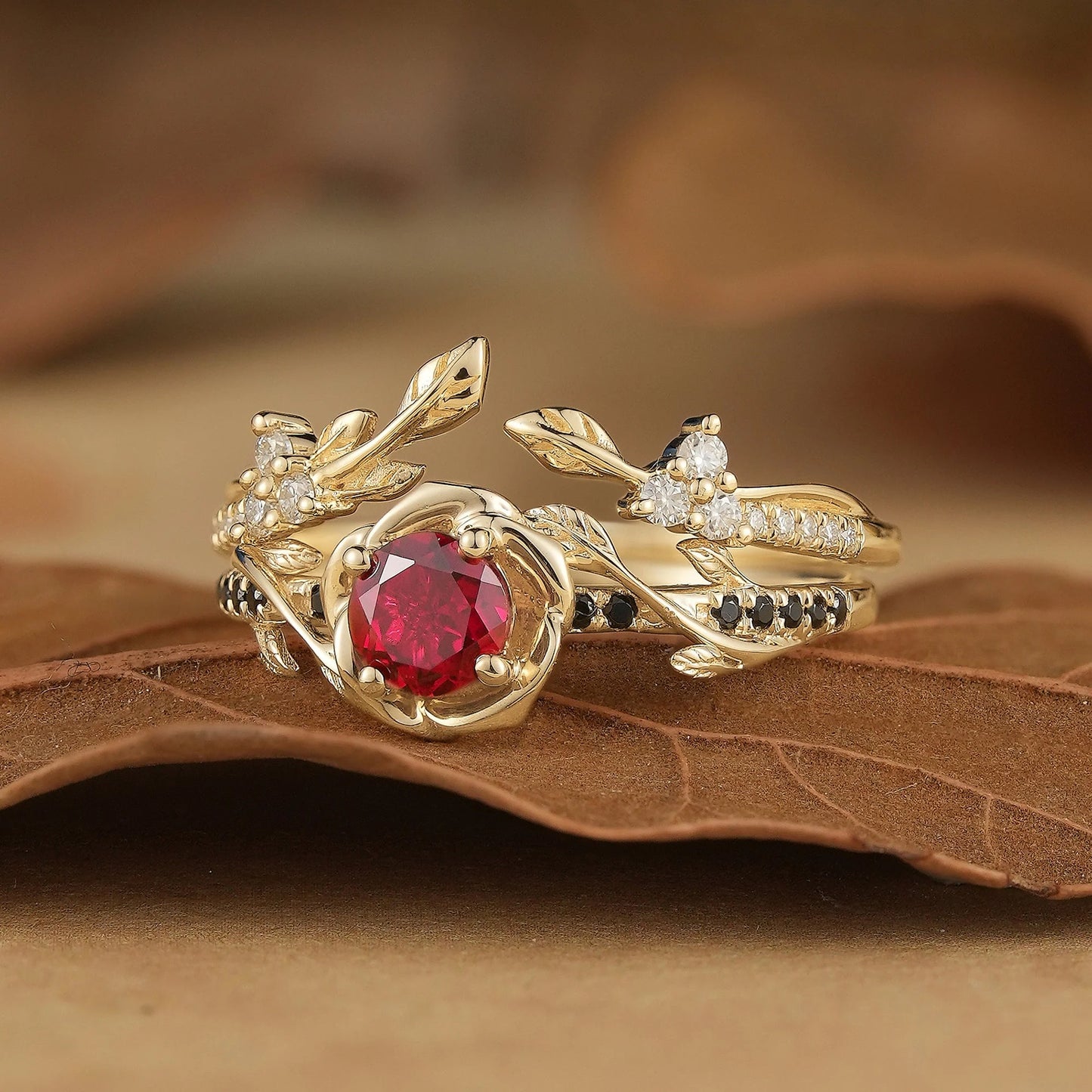 Blooming Rose: Ruby with Black Onyx Ring Set 2pcs- Neriah
