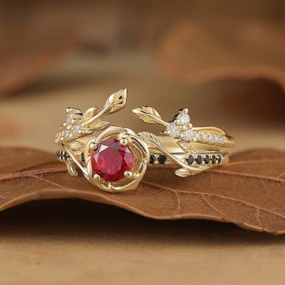 Blooming Rose: Ruby with Black Onyx Ring Set 2pcs- Neriah
