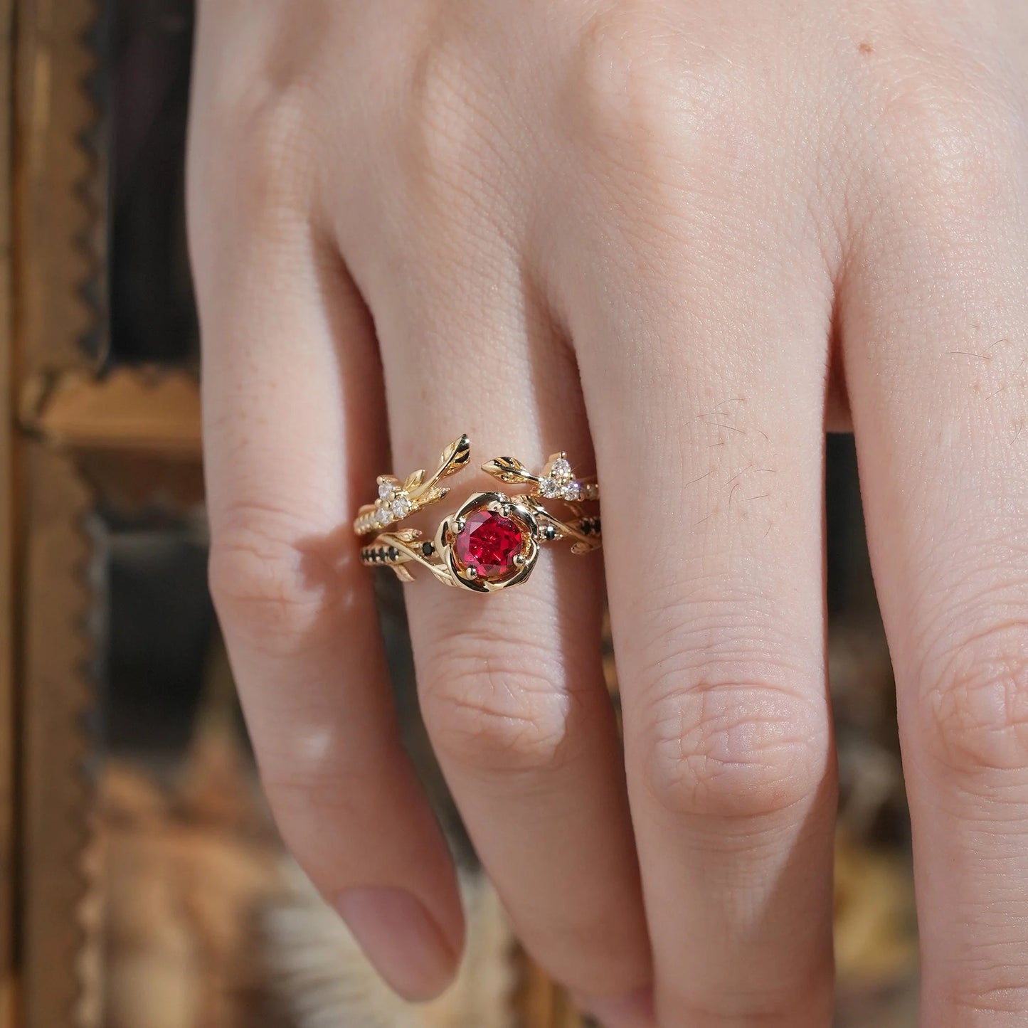 Blooming Rose: Ruby with Black Onyx Ring Set 2pcs- Neriah