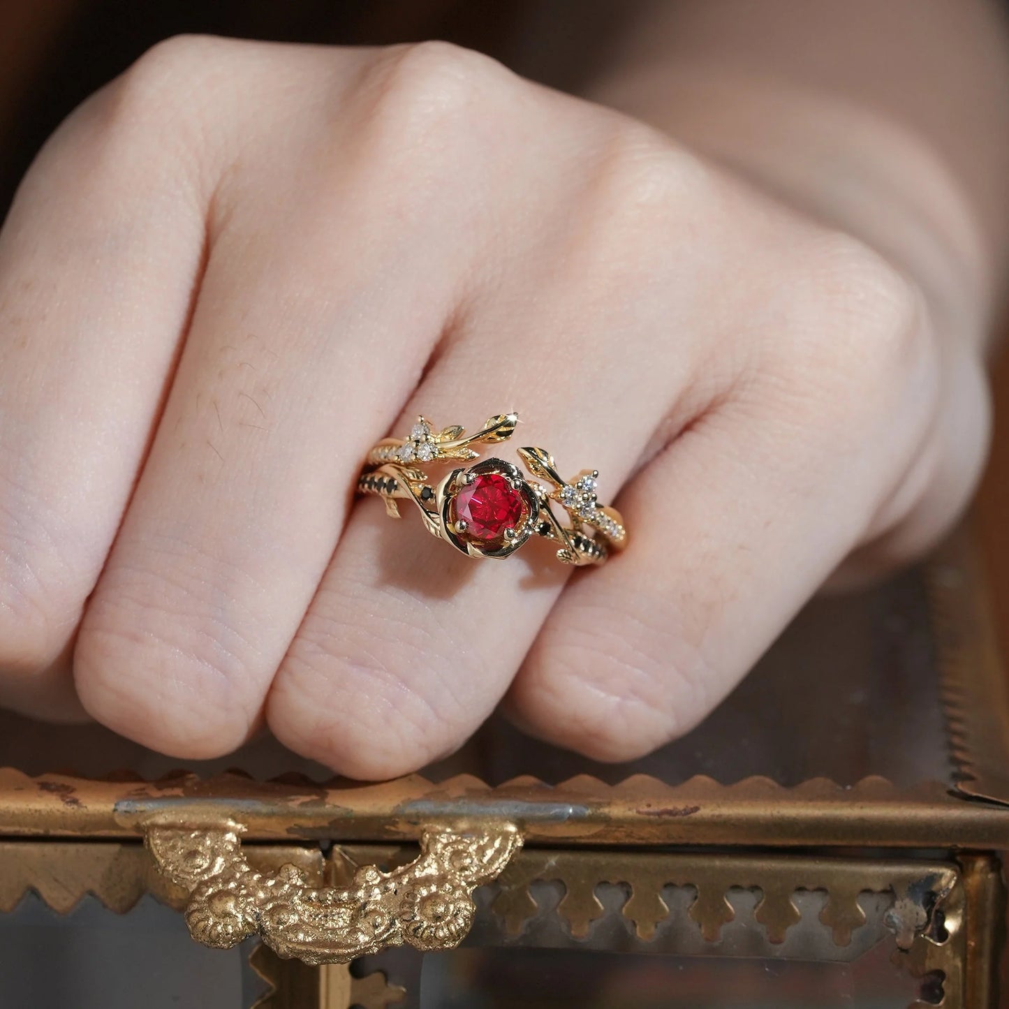 Blooming Rose: Ruby with Black Onyx Ring Set 2pcs- Neriah