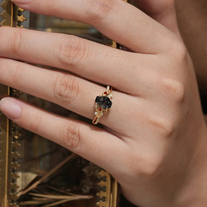 Coffin Cut Black Rutilated Quartz Leaf Ring-Sylvie