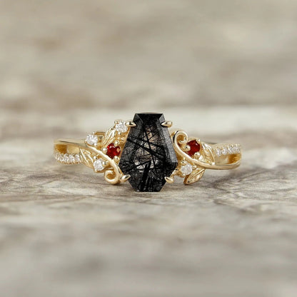 Coffin Cut Black Rutilated Quartz Leaf Ring-Sylvie