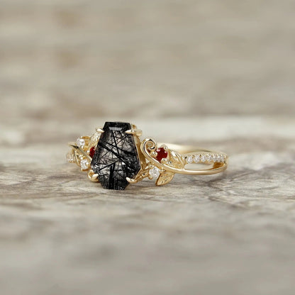 Coffin Cut Black Rutilated Quartz Leaf Ring-Sylvie