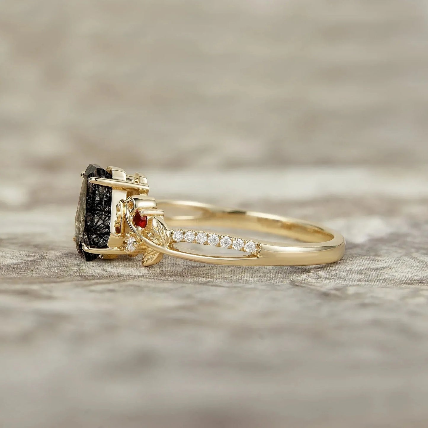 Coffin Cut Black Rutilated Quartz Leaf Ring-Sylvie