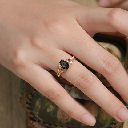 Coffin Cut Black Rutilated Quartz Leaf Ring-Sylvie