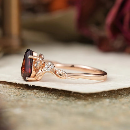 Coffin Cut Garnet Leaf And Flower Inspired Engagement Ring - GemsMagic