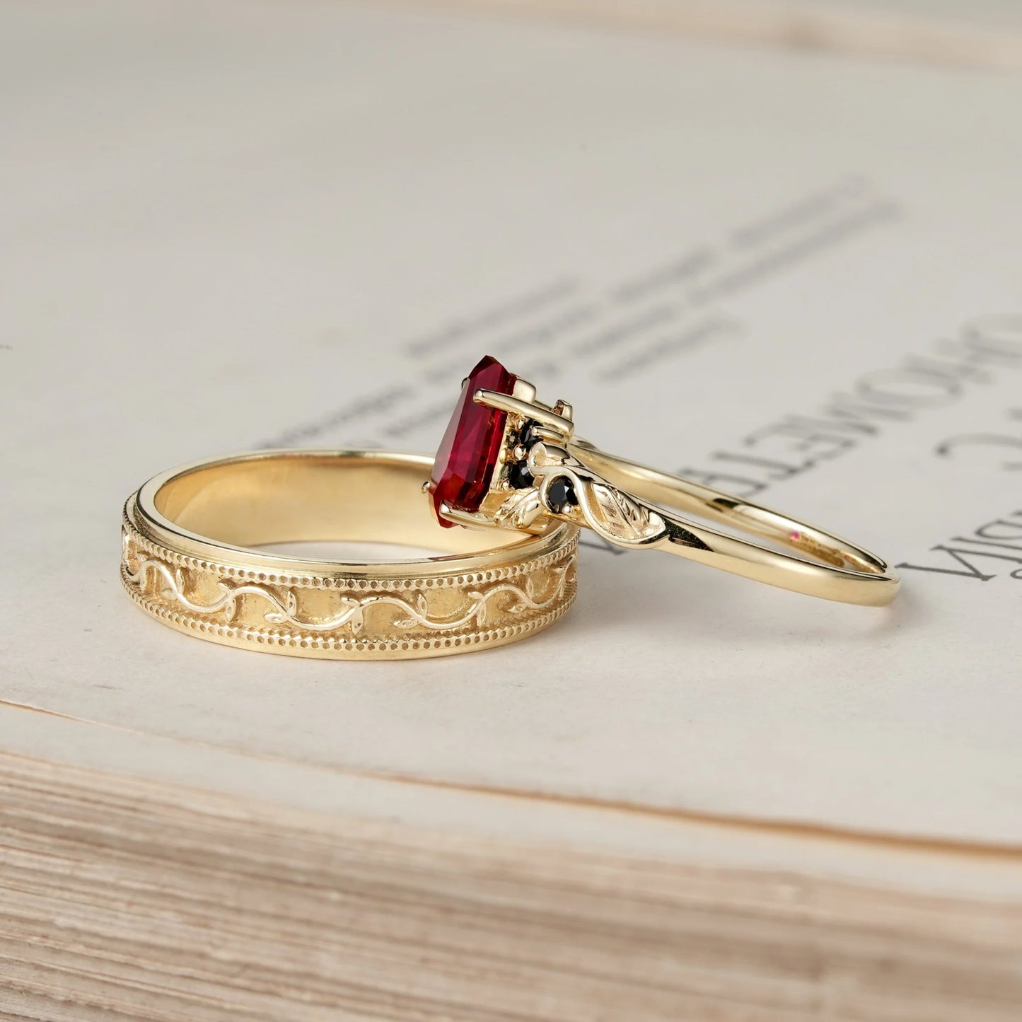 Coffin-Cut Ruby Leaf lnspired Couple Ring-Be Mine