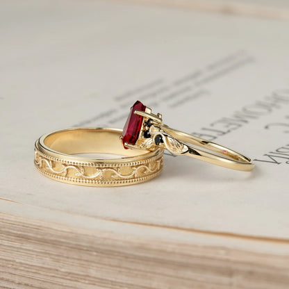 Coffin-Cut Ruby Leaf lnspired Couple Ring-Be Mine