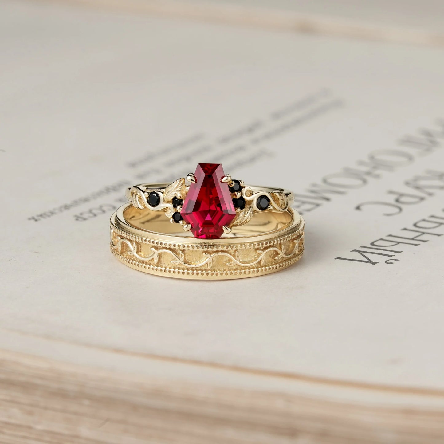 Coffin-Cut Ruby Leaf lnspired Couple Ring-Be Mine
