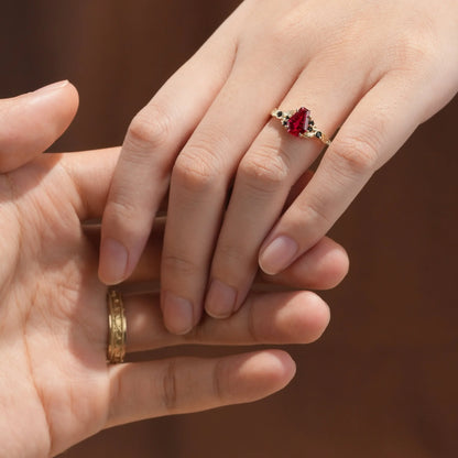 Coffin-Cut Ruby Leaf lnspired Couple Ring-Be Mine