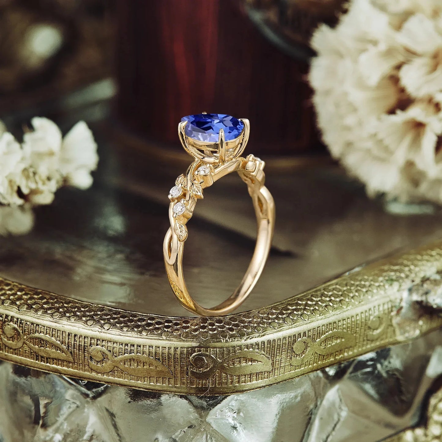 Cornflower Sapphire Leaf Engagement Ring - GemsMagic