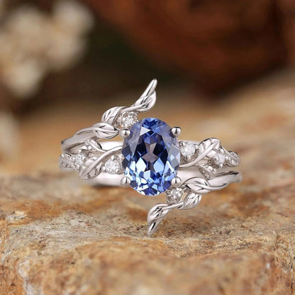 Cornflower Sapphire & Moissanite Floral Ring Set 2pcs - Fioralba