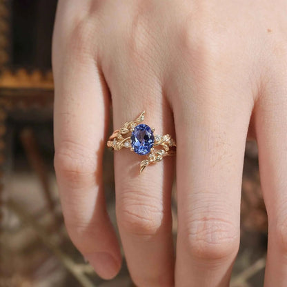Cornflower Sapphire & Moissanite Floral Ring Set 2pcs - Fioralba