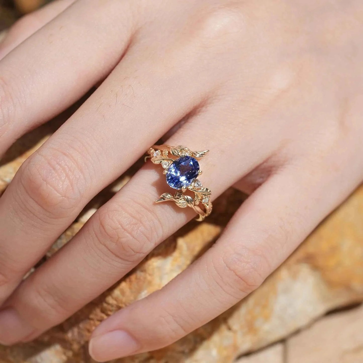 Cornflower Sapphire & Moissanite Floral Ring Set 2pcs - Fioralba