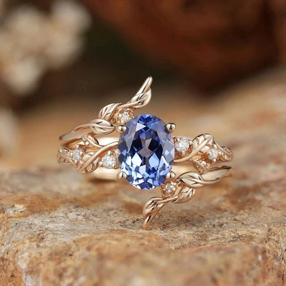 Cornflower Sapphire & Moissanite Floral Ring Set 2pcs - Fioralba