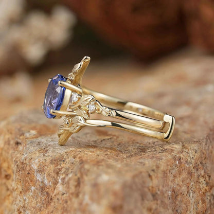 Cornflower Sapphire & Moissanite Floral Ring Set 2pcs - Fioralba