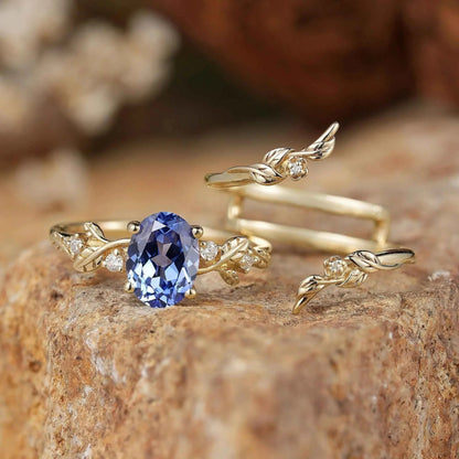 Cornflower Sapphire & Moissanite Floral Ring Set 2pcs - Fioralba