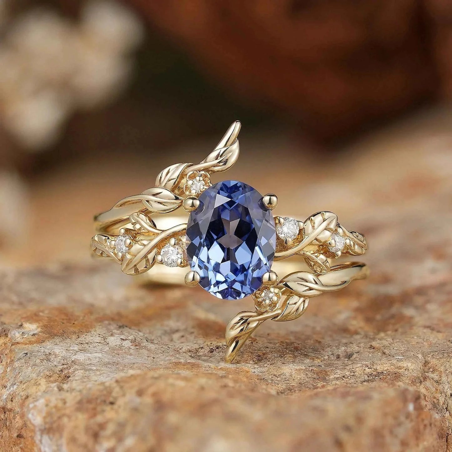 Cornflower Sapphire & Moissanite Floral Ring Set 2pcs - Fioralba