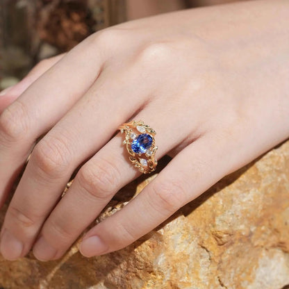 Cornflower Sapphire with Rose Buds Enhancer Ring Set - Leona