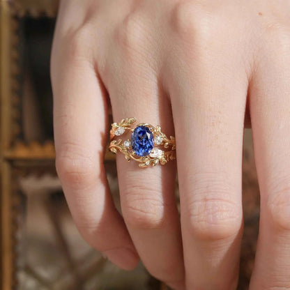 Cornflower Sapphire with Rose Buds Enhancer Ring Set - Leona