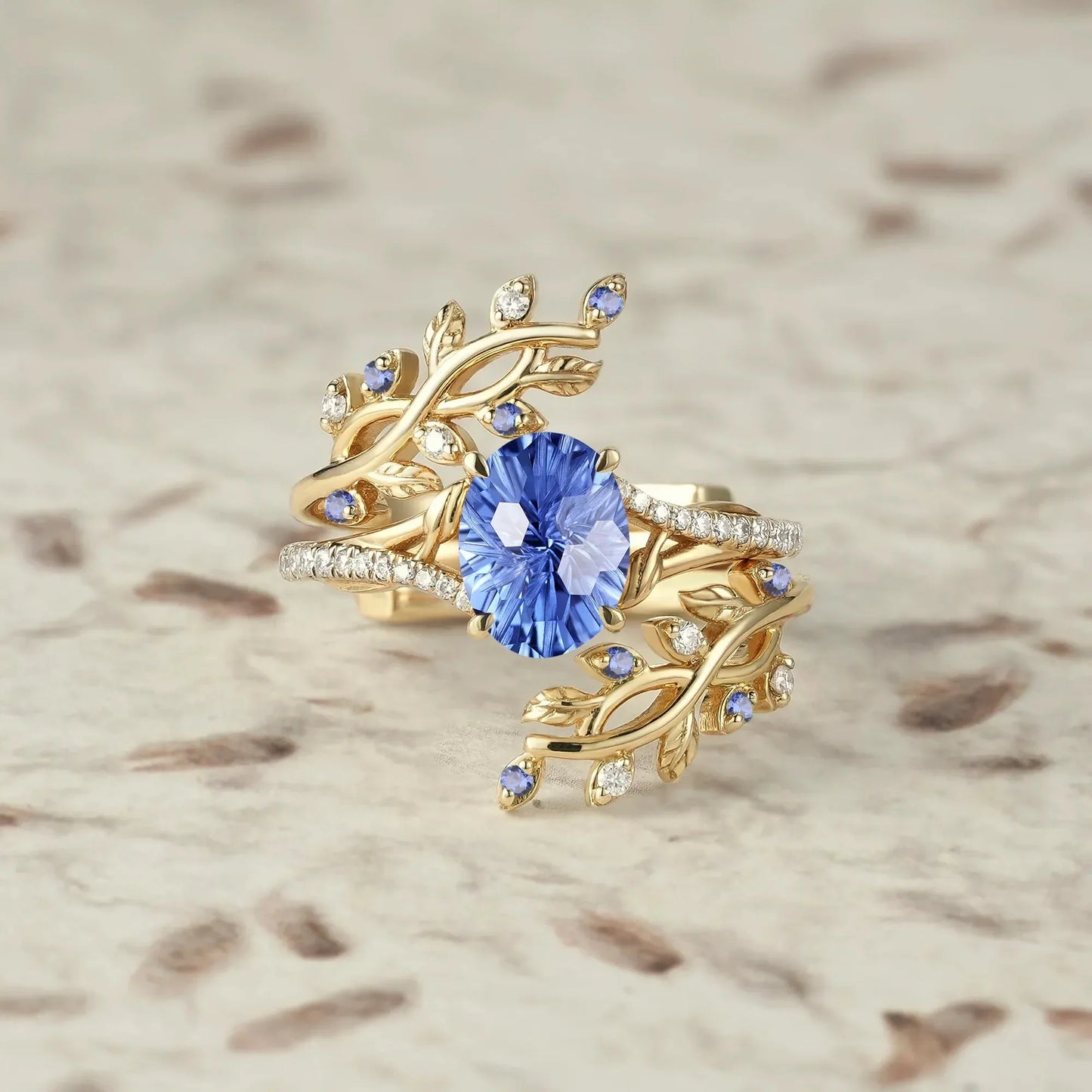 Cross Vine Moissanite and Sparkle Cut Cornflower Sapphire Ring Set - Lillian