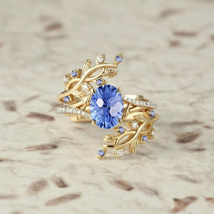 Cross Vine Moissanite and Sparkle Cut Cornflower Sapphire Ring Set - Lillian