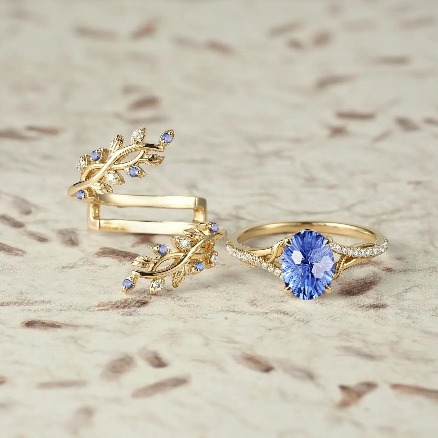 Cross Vine Moissanite and Sparkle Cut Cornflower Sapphire Ring Set - Lillian