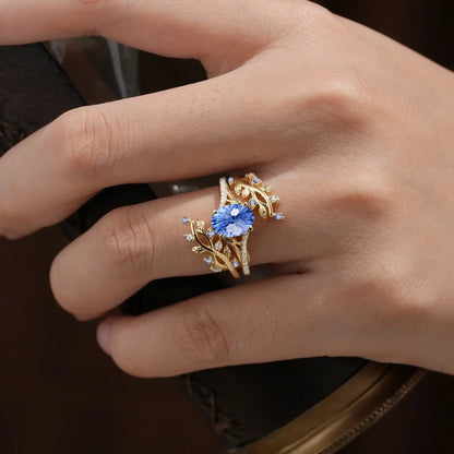 Cross Vine Moissanite and Sparkle Cut Cornflower Sapphire Ring Set - Lillian