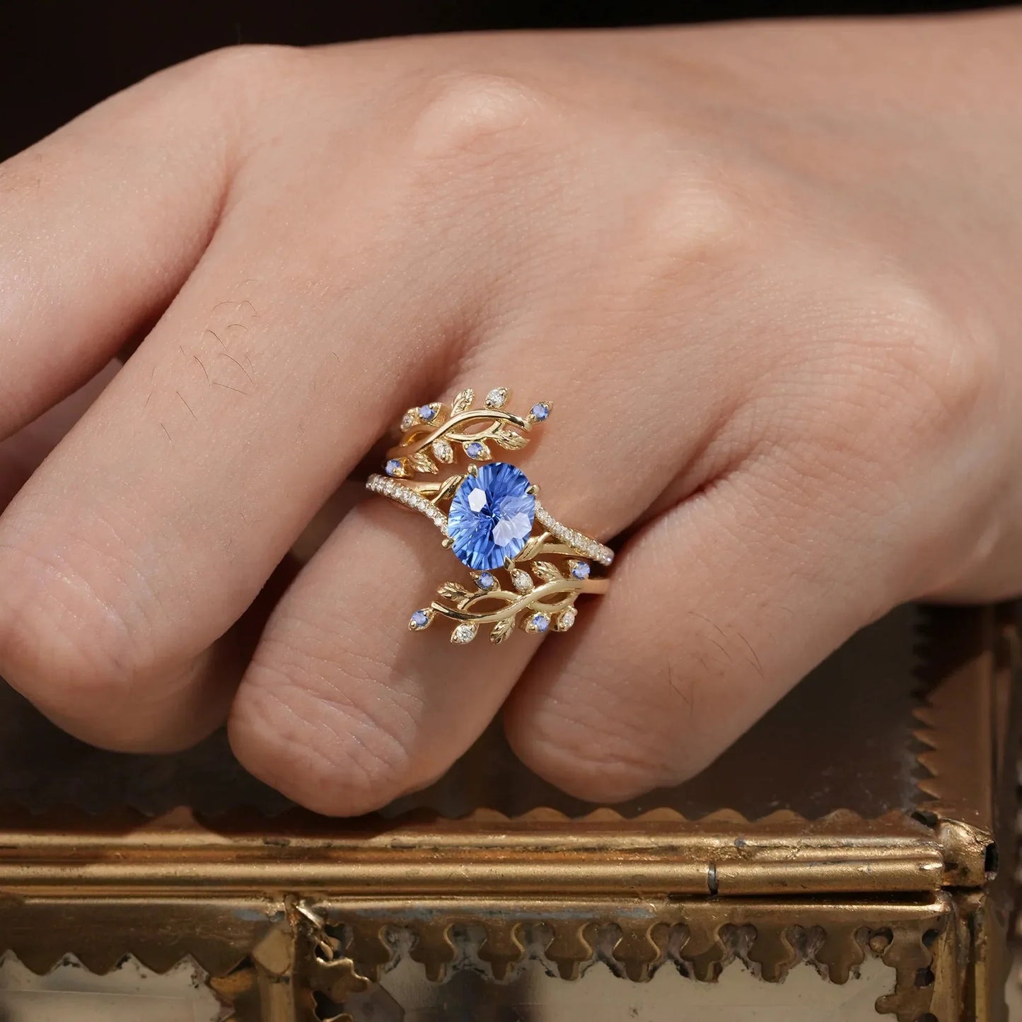 Cross Vine Moissanite and Sparkle Cut Cornflower Sapphire Ring Set - Lillian