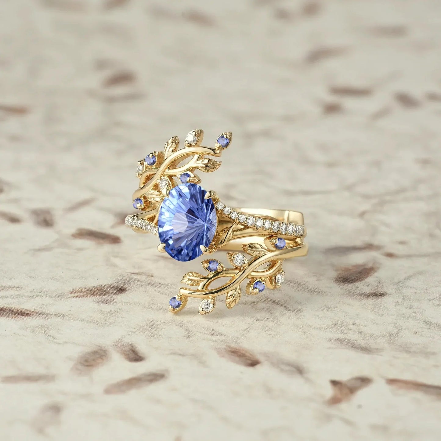 Cross Vine Moissanite and Sparkle Cut Cornflower Sapphire Ring Set - Lillian