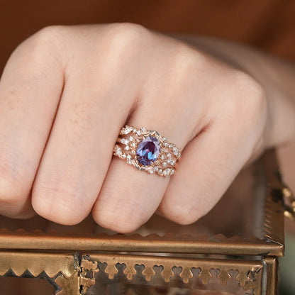Crown Oval Alexandrite & Rose Moissanite Enhancer Ring Set-Soleil