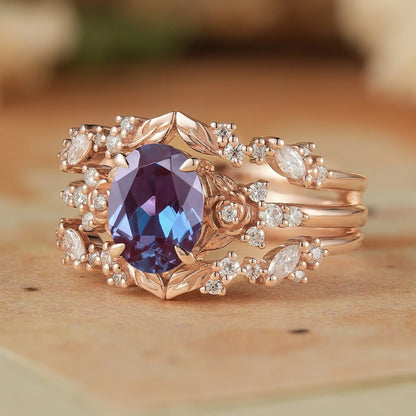 Crown Oval Alexandrite & Rose Moissanite Enhancer Ring Set-Soleil