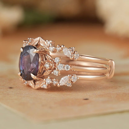 Crown Oval Alexandrite & Rose Moissanite Enhancer Ring Set-Soleil