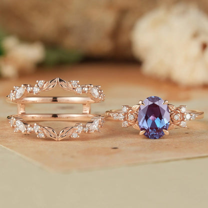 Crown Oval Alexandrite & Rose Moissanite Enhancer Ring Set-Soleil