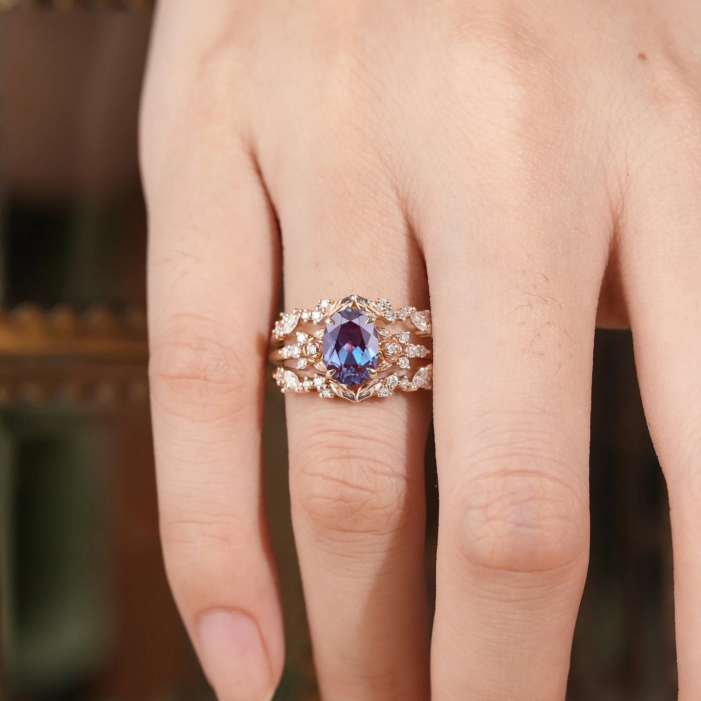 Crown Oval Alexandrite & Rose Moissanite Enhancer Ring Set-Soleil