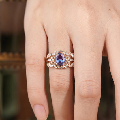 Crown Oval Alexandrite & Rose Moissanite Enhancer Ring Set-Soleil