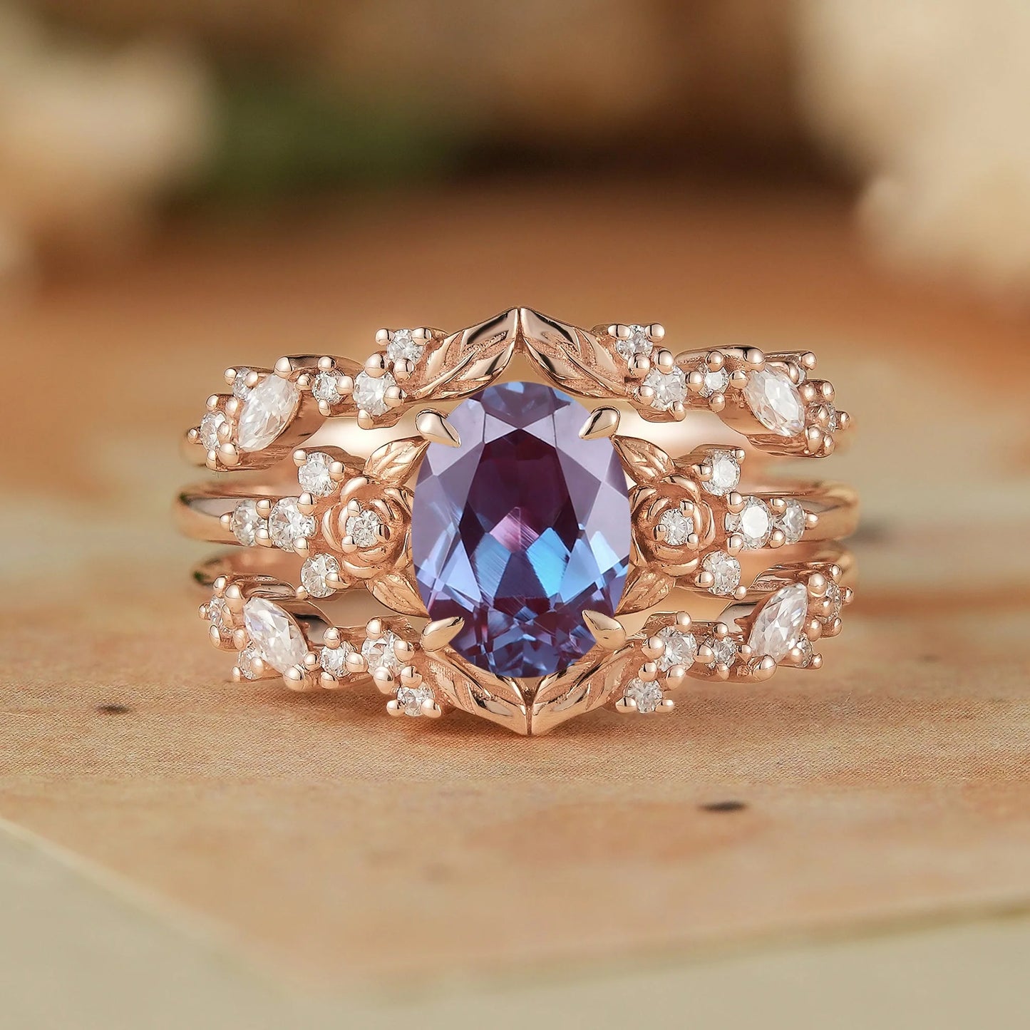 Crown Oval Alexandrite & Rose Moissanite Enhancer Ring Set-Soleil