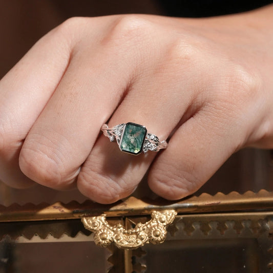 Dainty Emerald Cut Moss Agate Bazel Engagement Ring-Lily
